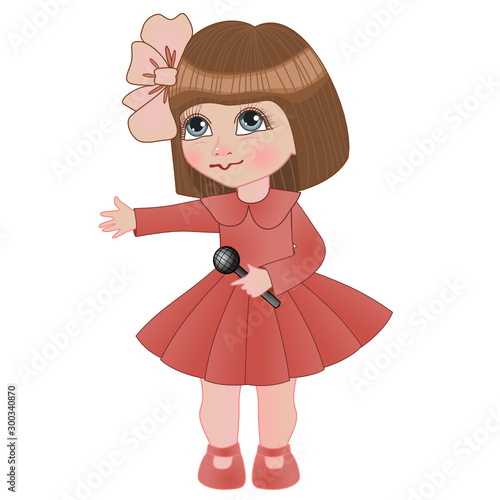 a girl dressed in a pink dress stands holding a microphone in his hand, vector clip-art on a white isolated background