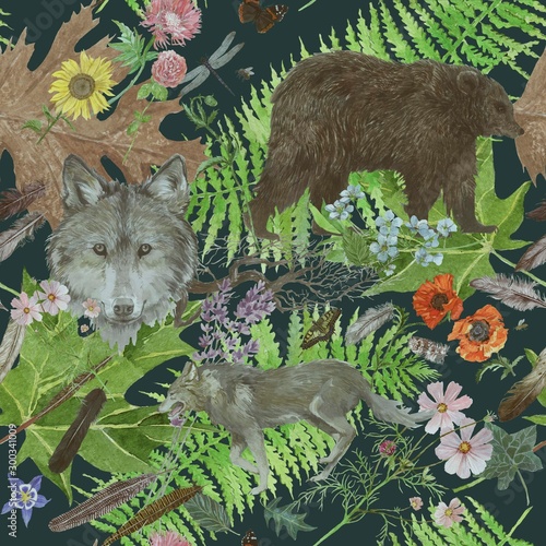 Seamless watercolor hand drawn pattern with wolf head, bear, flowers, leaves, feathers. photo