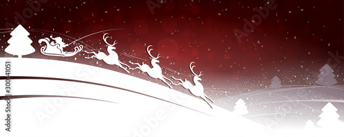 Christmas design in red tint with Santa Claus on deer with Christmas trees and snowflakes