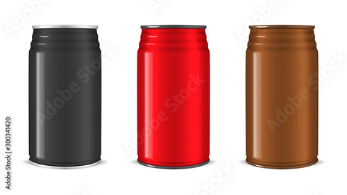Aluminum can color set, realistic vector illustration. Blank food or beverage packaging, template for design. Easy to recolor
