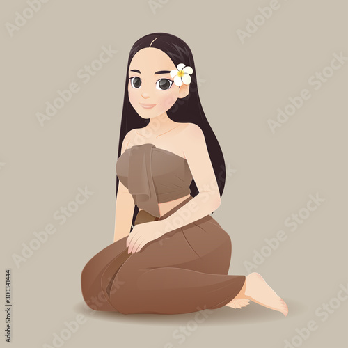 illustration thai women in thai traditional dress, Traditional southeast asian costume, Vector and cartoon