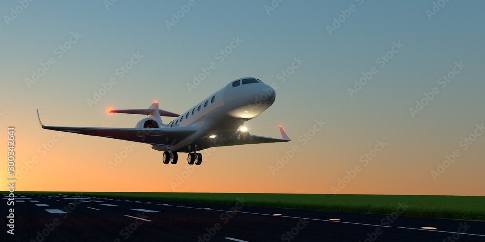 Luxury business jet during landing or takeoff on runway. Extremely detailed and realistic high resolution 3d illustration Luxury business jet during landing or takeoff on runway. Extremely detailed and realistic high resolution 3d illustration