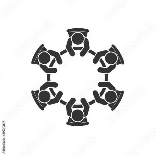 Business meeting icon. Group of six people sitting around a table brainstorming and working together on new creative projects. Top view vector design. Conference session.