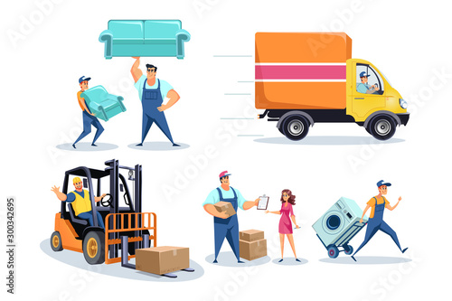 Moving house, furniture delivery workers, people relocating stuff concept