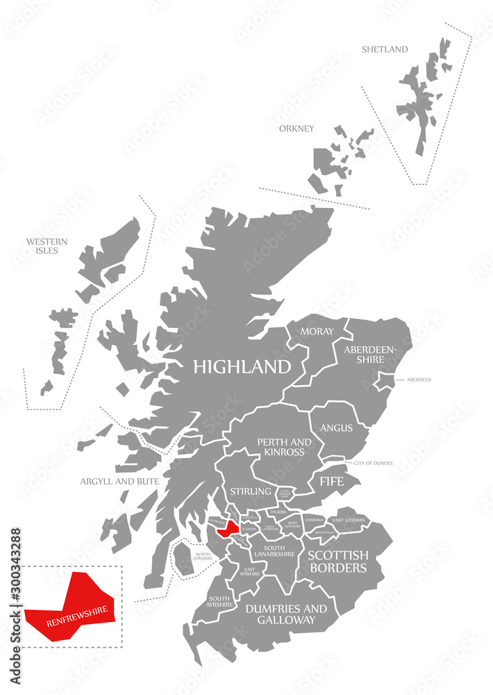 Renfrewshire red highlighted in map of Scotland UK