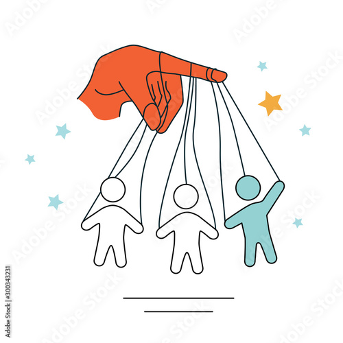 Vector illustration of a hand with figures of dolls on the ropes. Concept of Manipulation, control, management. Election technology, cheating voters.