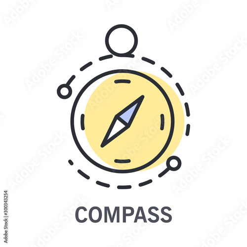 Compass and round navigational instrument icon with text