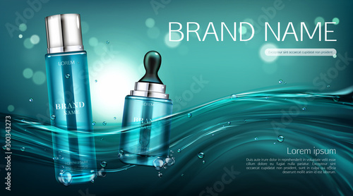 Cosmetics bottles mock up banner. Lotion beauty product package and oil tube with pipette floating on water surface background. Mockup cosmetic skin care ad. Realistic 3d vector illustration