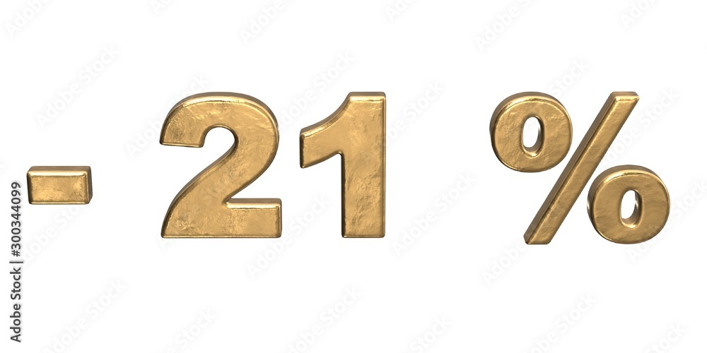 21% of discount. Golden twenty one percent sale. 3d render isolated on white background 21% of discount. Golden twenty one percent sale. 3d render isolated on white background