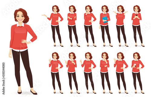 Casual business woman character in different poses set with red hair vector illustration photo