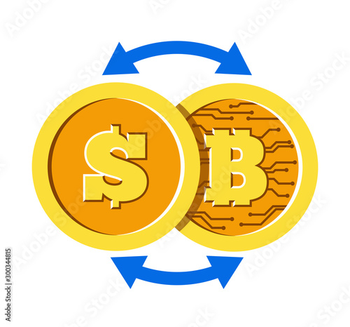 Bitcoin and dollar coin with cryptocurrency exchange rate concept