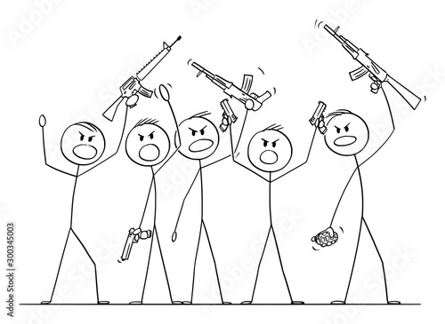 Vector cartoon stick figure drawing conceptual illustration of group or crowd of soldiers or armed people with guns demonstrating or brandish with pistols and rifles.