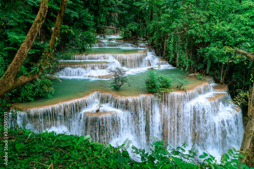 Huai Mae Khamin Waterfall level 4, Khuean Srinagarindra National Park, Kanchanaburi, Thailand;  high shutter speed, freeze, no motion photo