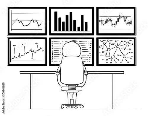 Vector cartoon stick figure drawing conceptual illustration of man or businessman sitting in front of six computer monitors mounted on wall, and analyzing graphs and market data.
