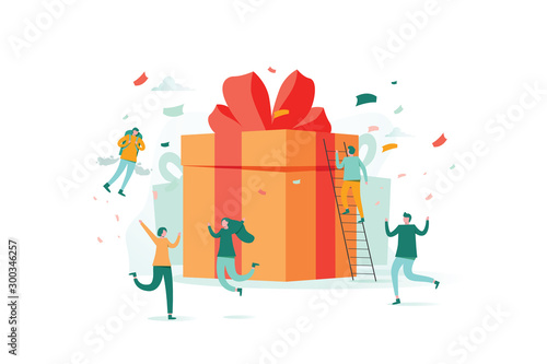 online reward , Group of happy people receive a gift box vector illustration concept, digital referral program photo