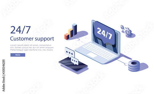 24/7 service concept or call center in isometric vector illustration. 24 per 7 round the clock or nonstop support