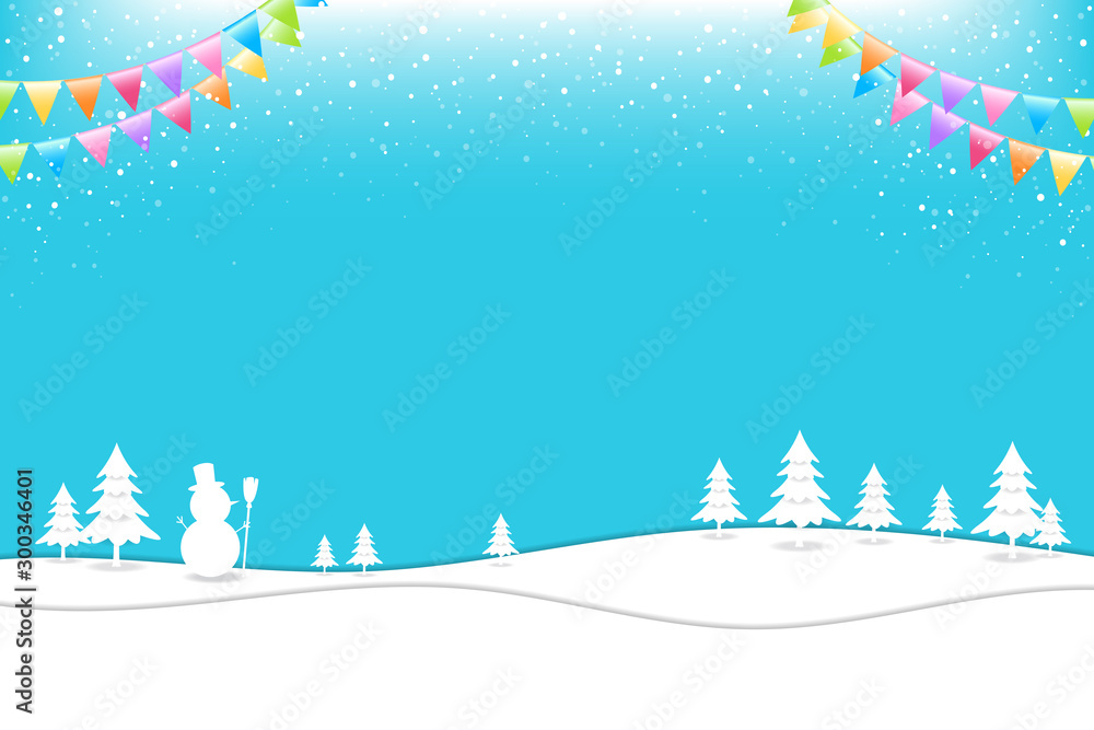 Merry Christmas banner poster template with festive elements; snowman, pine tree