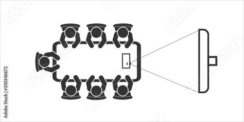 Business meeting icon. Group of seven people sitting around a table educate and make a presentation. Top view vector design. Conference session.