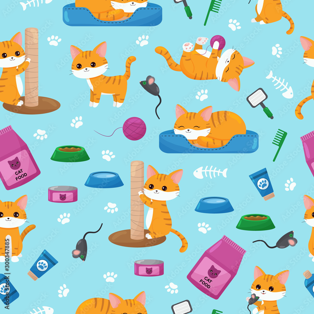 Naklejka premium Childish seamless pattern on blue background. Red cats with objects for care. Kawaii kittens, cat food, toys and paws. Cartoon characters.