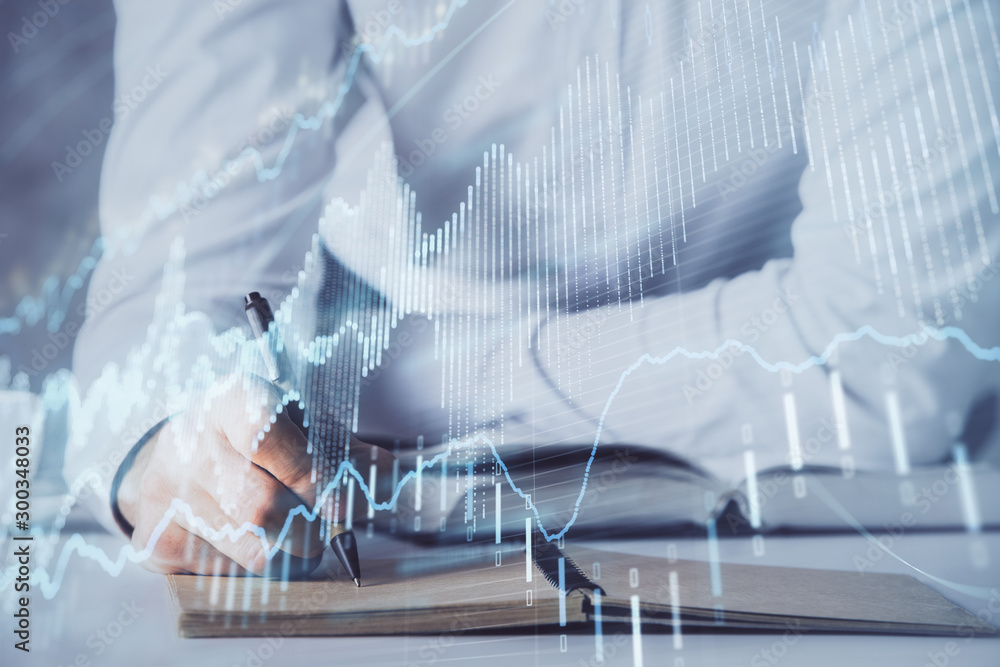 Fototapeta premium Financial trading chart multi exposure with man desktop background.