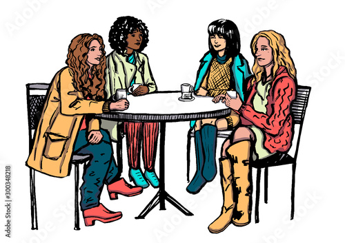 Color graphic vector drawing. Quick sketches of people. Company of friends spend time together. Four young beautiful girls of different nationalities and races. Get-togethers in a cafe. Cartoon style