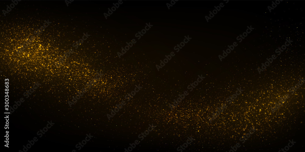 Golden particles, sparkling glitter dust on dark background. - obrazy, fototapety, plakaty 
