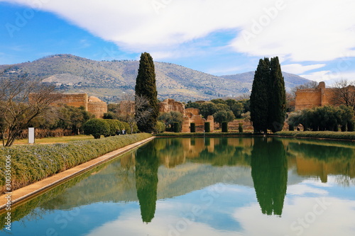 Scenery view of the italian mountains from the Villa Adriana or Hadrian s Villa archaeological site in Tivoli - Rome province- Lazio. The pond is in foreground  photo