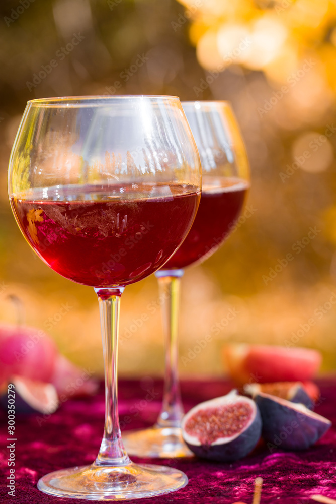 Two glasses of red wine on an autumn picnic. Fruits, sweets, nuts. Two glasses of red wine on an autumn picnic. Fruits, sweets, nuts.