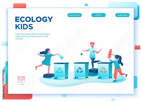 Garbage sorting concept, kids throwing trash into container, ecology vector flat illustration, cartoon children clean environment, recycle waste into dumpster, landing page template