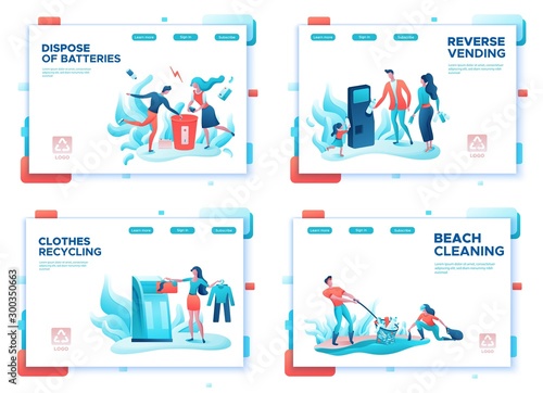 Garbage sorting landing page set, people recycling trash, plastic, cleanup beach, volunteer throwing can into bin, environment concept, reverse vending, flat cartoon vector ecology illustration