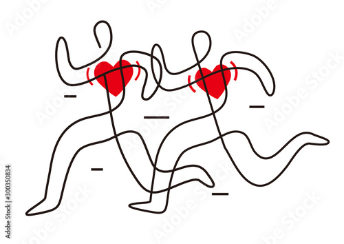 Run for healthy heart. Colorful lineart decorative stylized illustration of two running racers with red heart symbol. Vector available. 