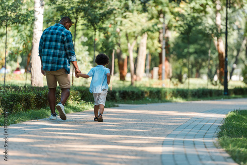 back view of curly kid holding hands with african american father and walking in park