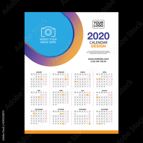 Wall Desk Calendar Template for 2019 Year. Vector Design Print Template, Week starts on Monday
