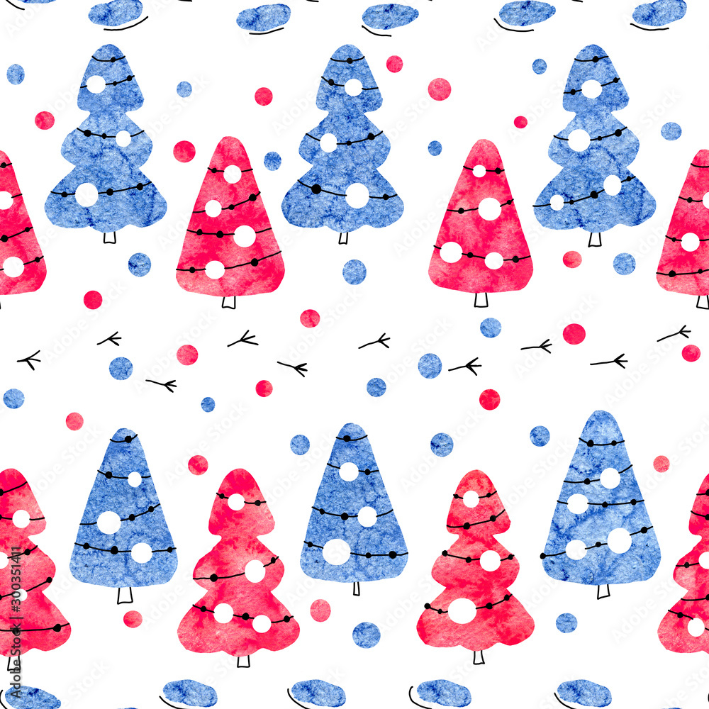 Seamless pattern with Christmas trees of blue and red color isolated on a white background. Abstract pattern collage of watercolor stains. Seamless pattern with Christmas trees of blue and red color isolated on a white background. Abstract pattern collage of watercolor stains.