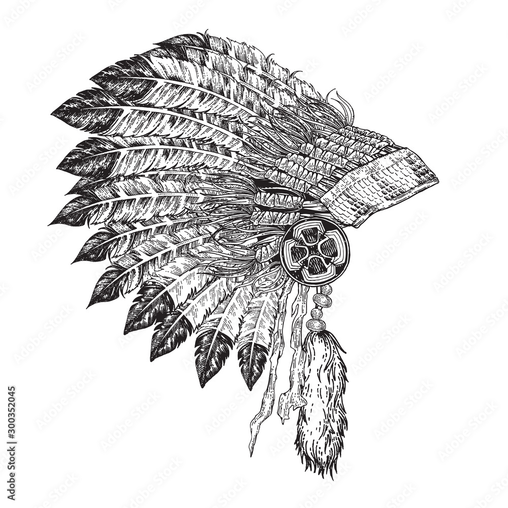 American indian chief headdress hand drawn. Vector illustration vintage ...