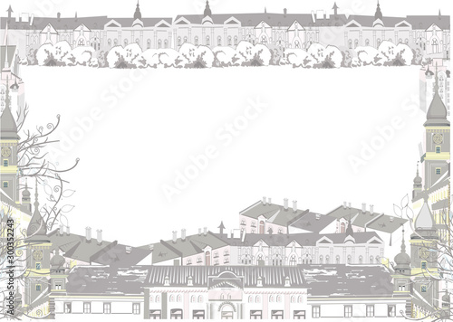 Series of street views in the old city. Hand drawn vector architectural background with historic buildings. Black & white sketch