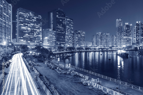 Night scene of skyline and harbor of Hong Kong city