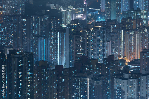 Aerial view of high rise residential building in Hong Kong city at night