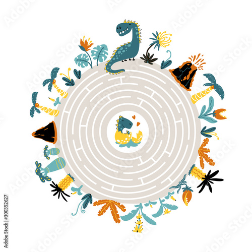 Dino in a round maze. Kids mini-game. Help mom dinosaur find a little baby. Cute colorful vector hand-drawn illustration ideal for printing.