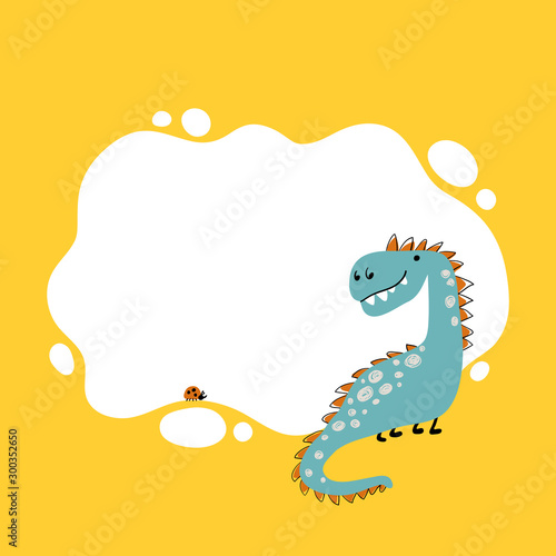 Dinosaur. Vector illustration of a dino with a blot frame in simple cartoon hand-drawn style. Template for your text or photo. Ideal for cards, invitations, party, kindergarten, preschool and children
