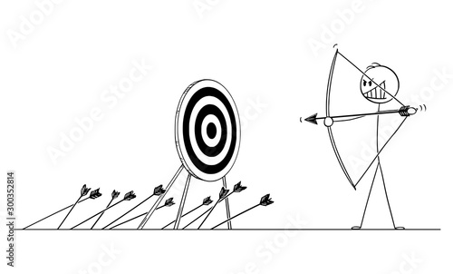 Vector cartoon stick figure drawing conceptual illustration of man or businessman shooting arrow at target with bow and missing. Business concept of failure.