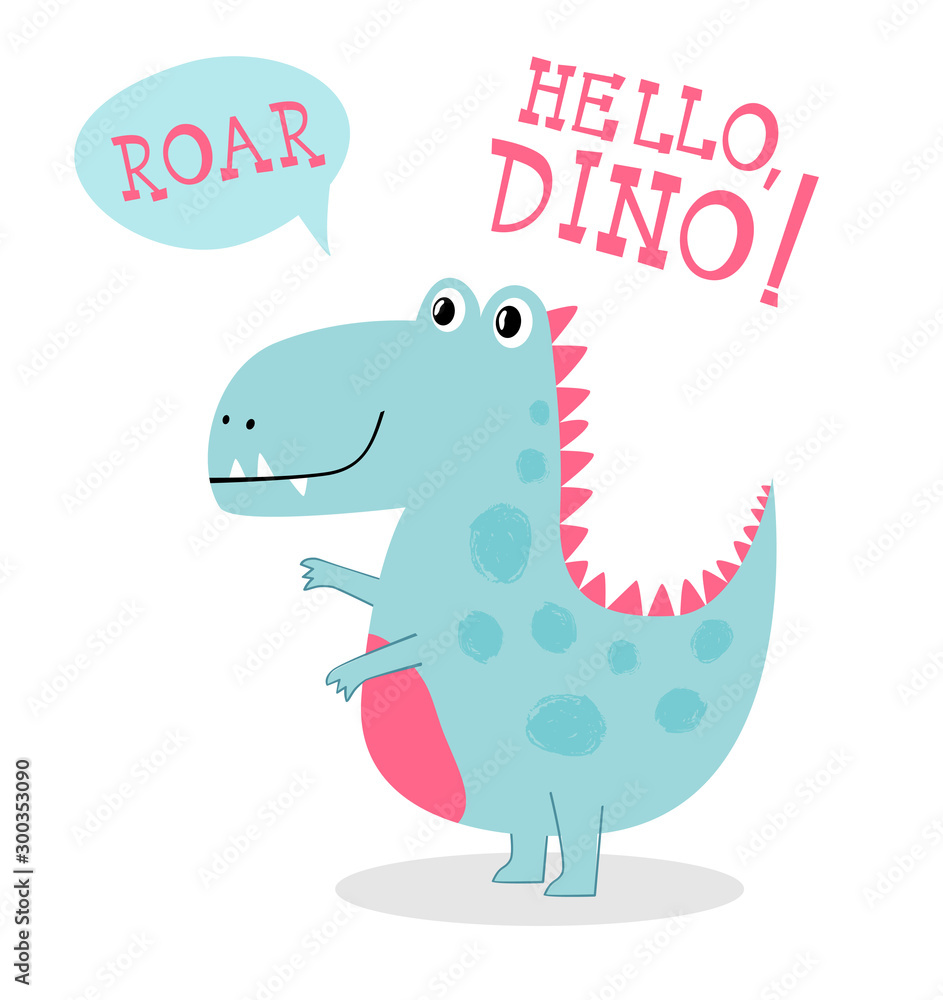 Cute little dinosaur in vector cartoon slyle with hand drawn lettering
