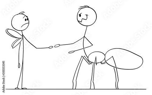 Vector cartoon stick figure drawing conceptual illustration of fly and spider shaking hands as business metaphor of authority and power.