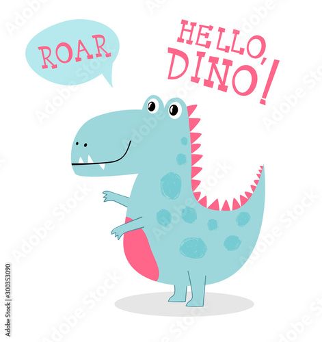 Cute little dinosaur in vector cartoon slyle with hand drawn lettering