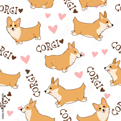 Seamless pattern with cute cartoon Welsh Corgi and hearts