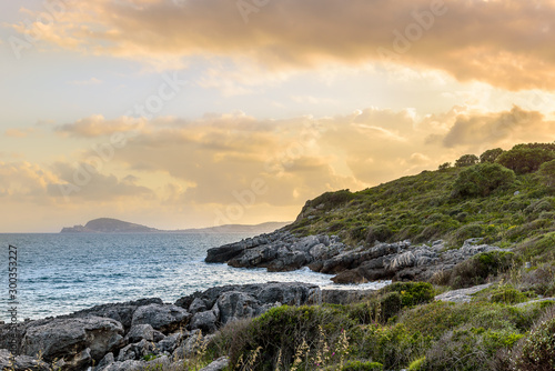 Sunset landscape on the coast of Tyrrhenian sea between Scauri and Formia  Italy.