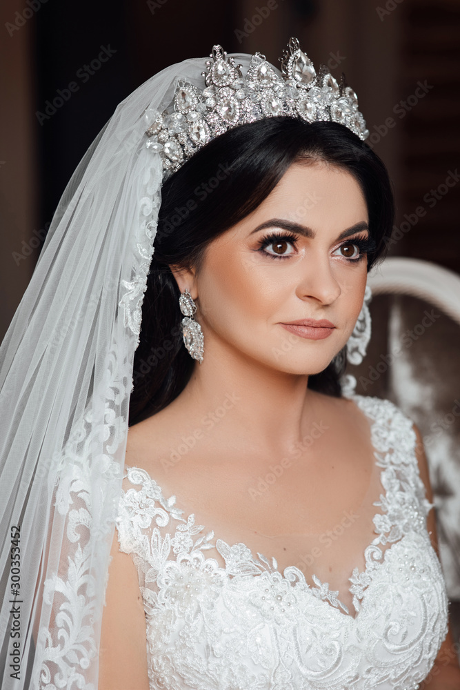Kind of bride girl in veil and jewelry at home, romantic atmosphere of the bride's morning. Wedding makeup and hairstyle. Glamorous face. Morning of beautiful bride. Wedding day Kind of bride girl in veil and jewelry at home, romantic atmosphere of the bride's morning. Wedding makeup and hairstyle. Glamorous face. Morning of beautiful bride. Wedding day
