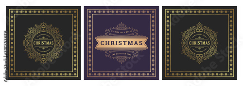 Christmas square banners vintage typographic design, ornate decorations symbols vector illustration