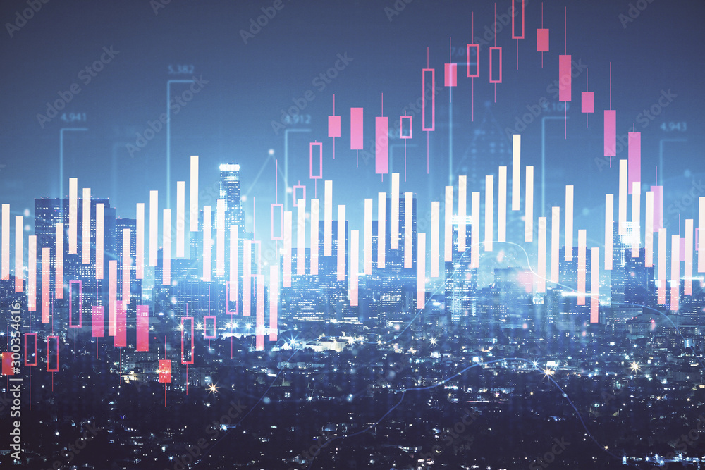 Naklejka premium Forex chart on cityscape with tall buildings background multi exposure. Financial research concept.