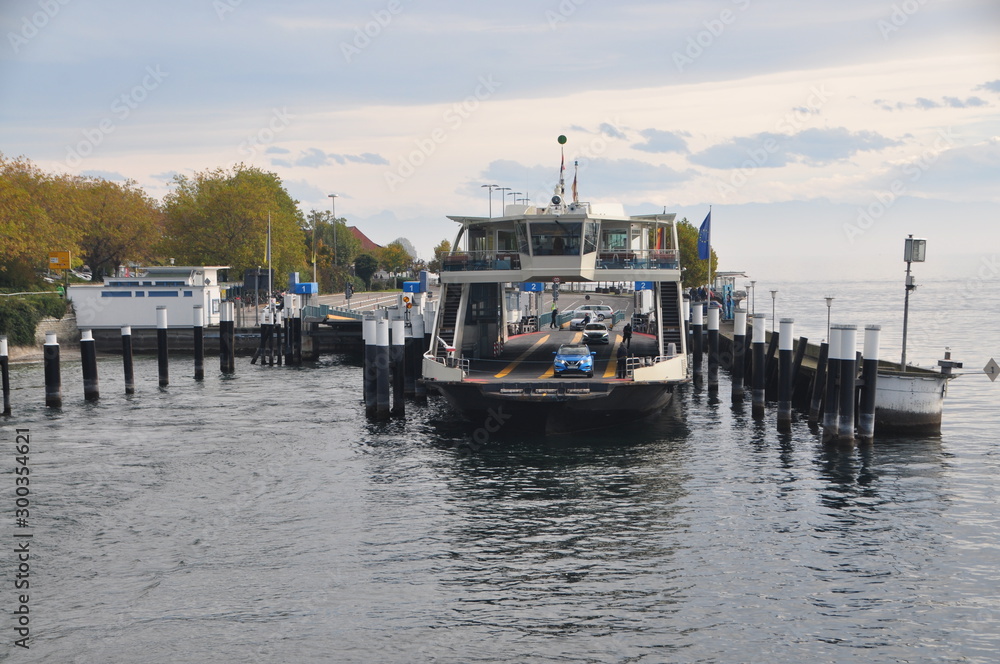 Fototapeta premium car ferry to Konstanz moored in Meersburg, Lake Constance, Baden-Württemberg, Germany